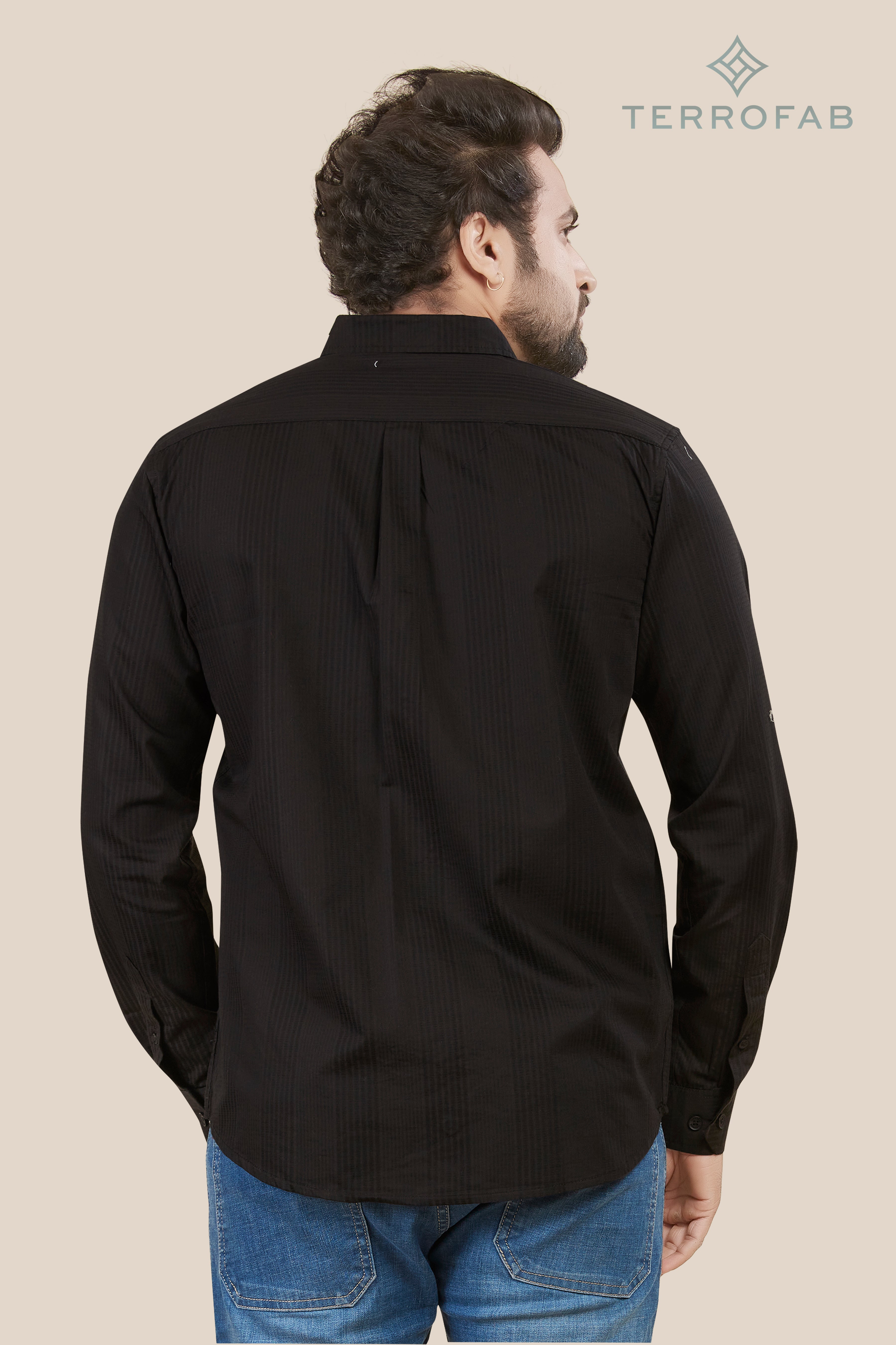Men’s Jet Black Vertical Rib-Textured Shirt