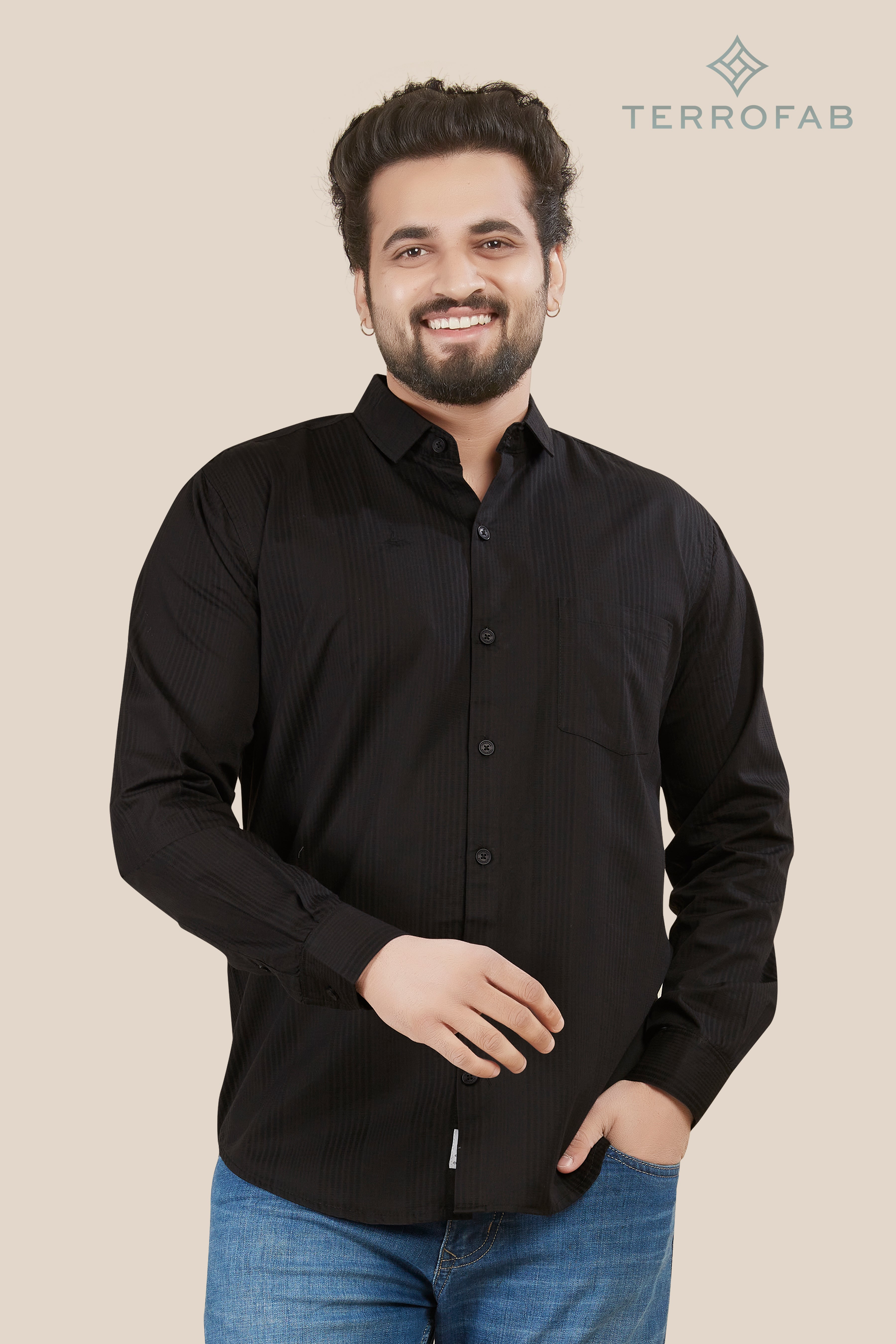 Men’s Jet Black Vertical Rib-Textured Shirt