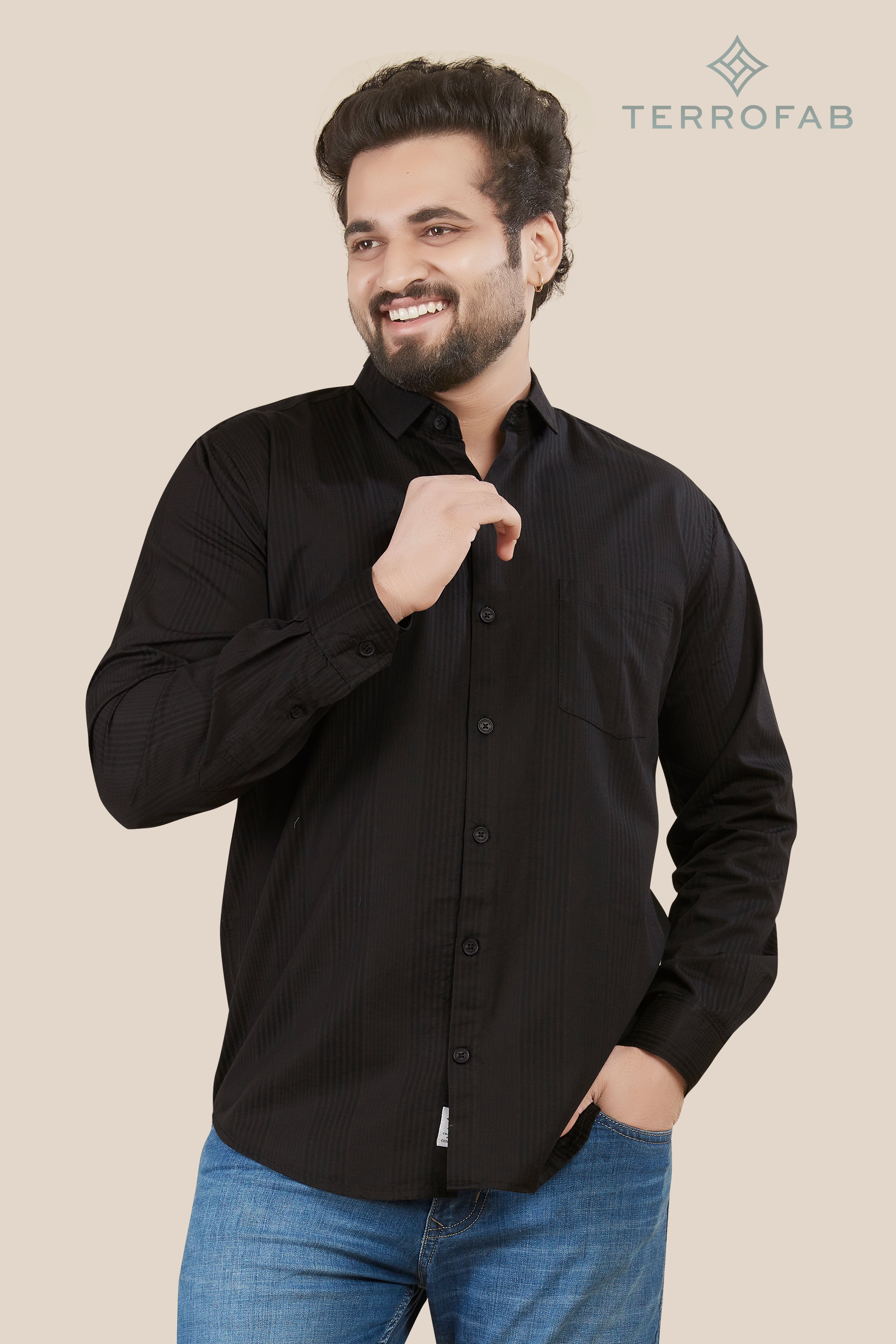 Men’s Jet Black Vertical Rib-Textured Shirt