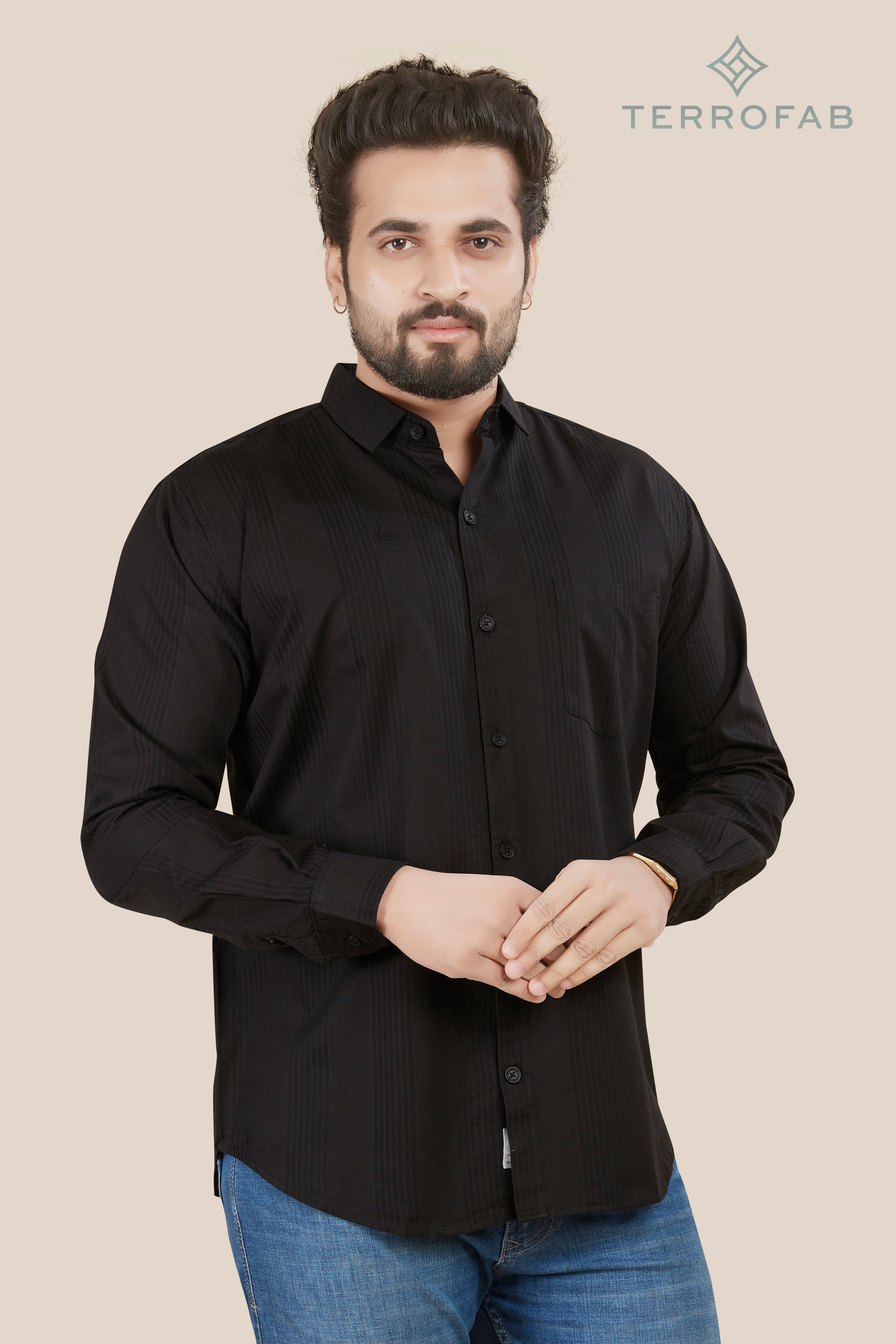 Men’s Jet Black Vertical Rib-Textured Shirt