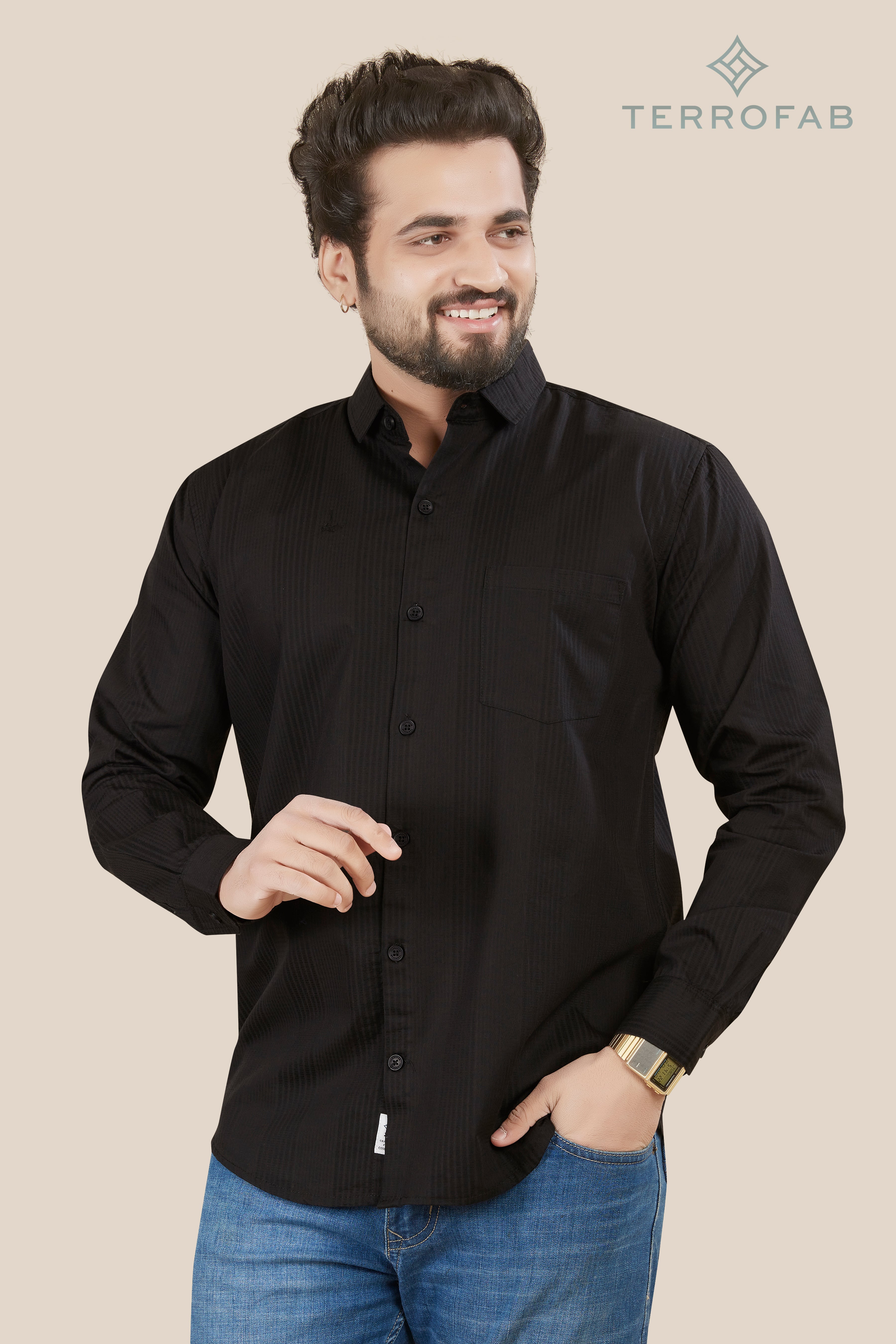 Men’s Jet Black Vertical Rib-Textured Shirt