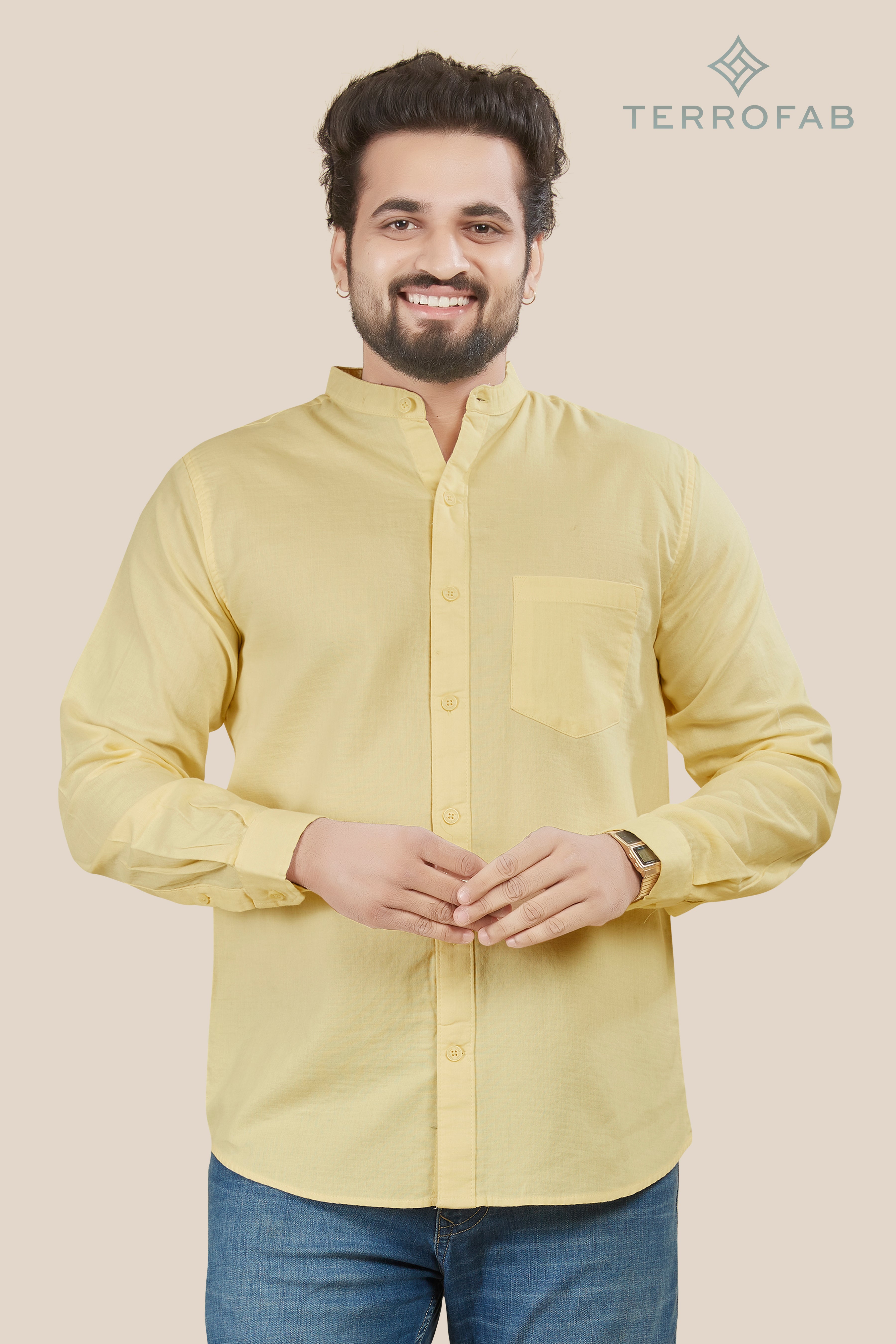 Men’s Pale Citron mandarin Collar Solid Shirt