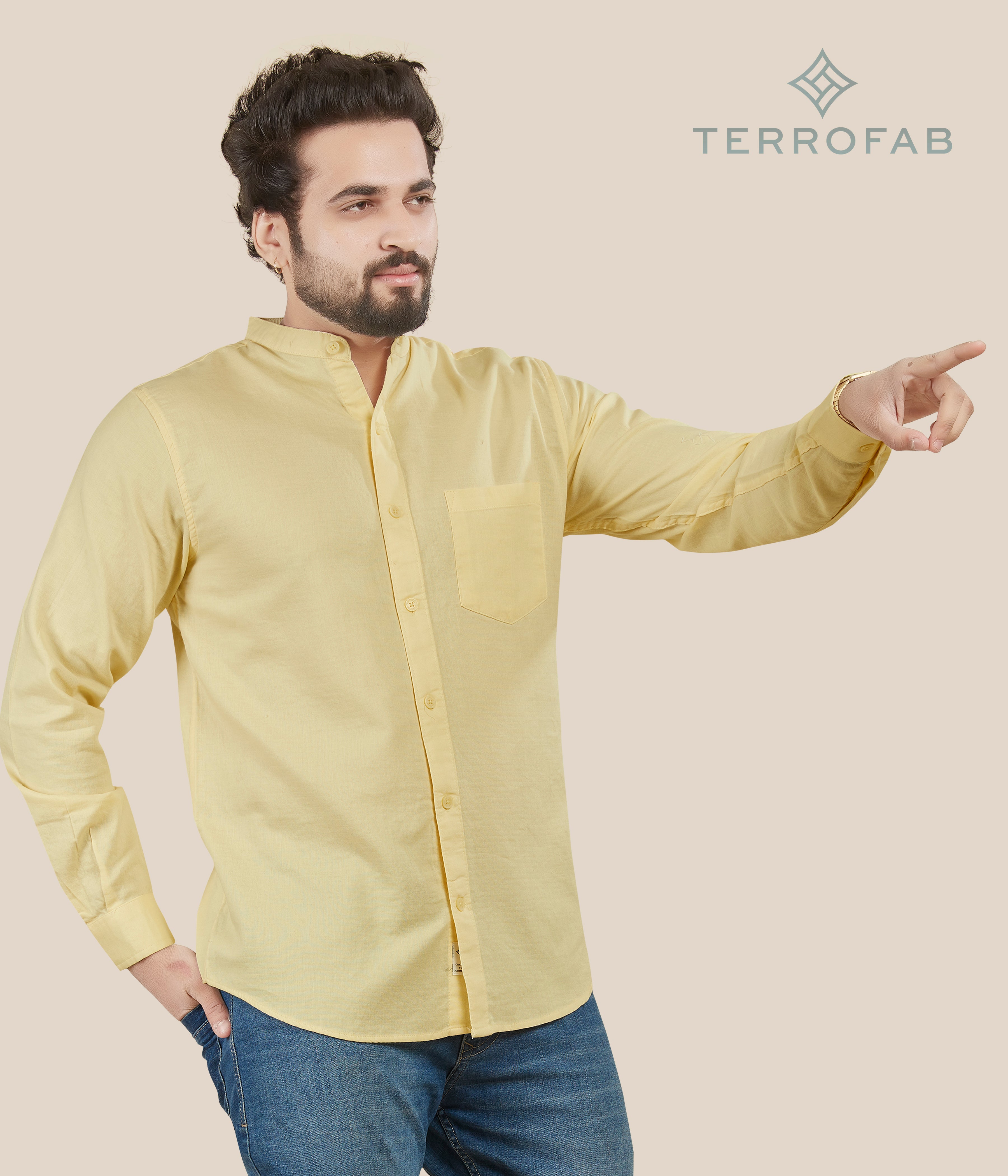 Men’s Pale Citron mandarin Collar Solid Shirt