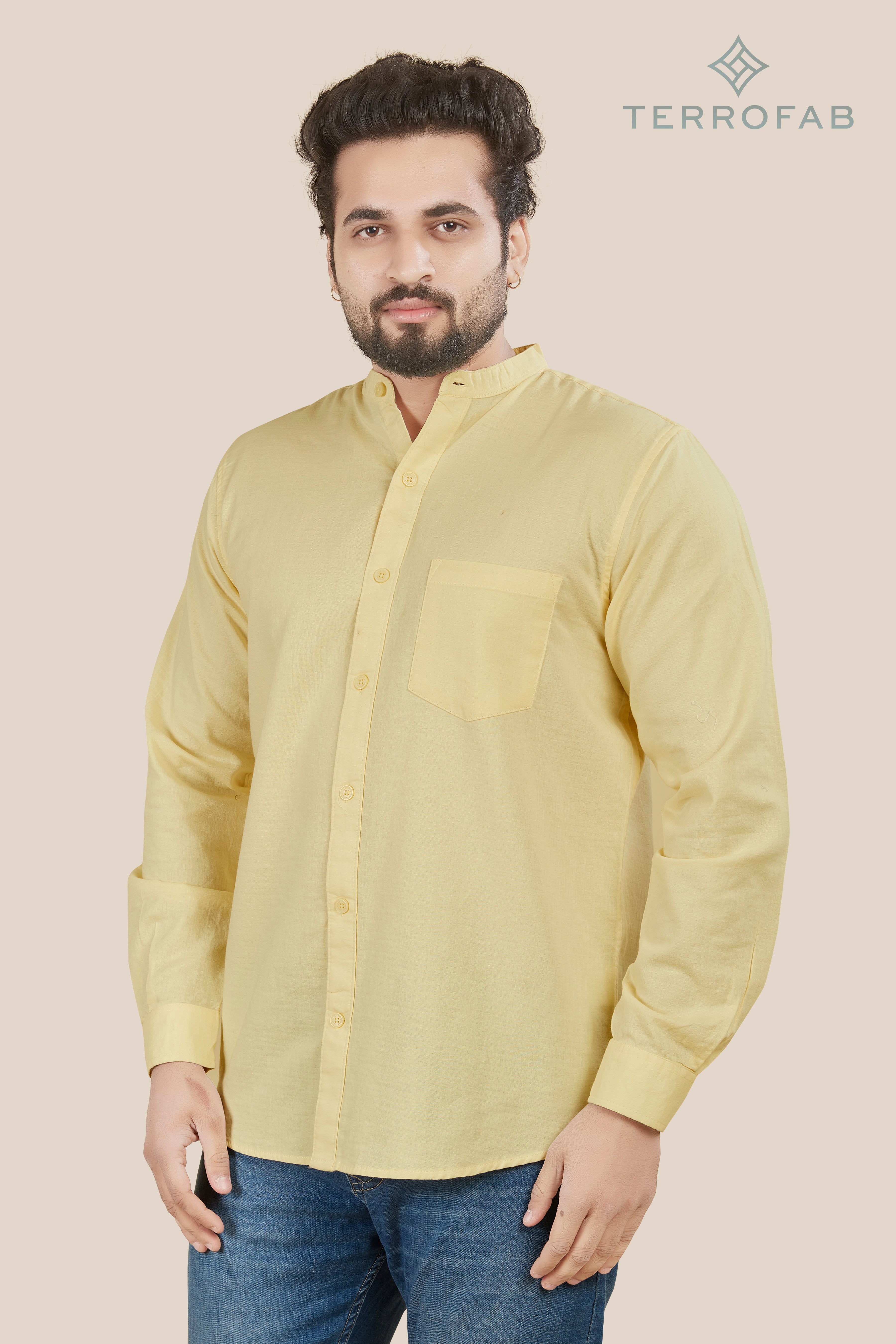 Men’s Pale Citron mandarin Collar Solid Shirt