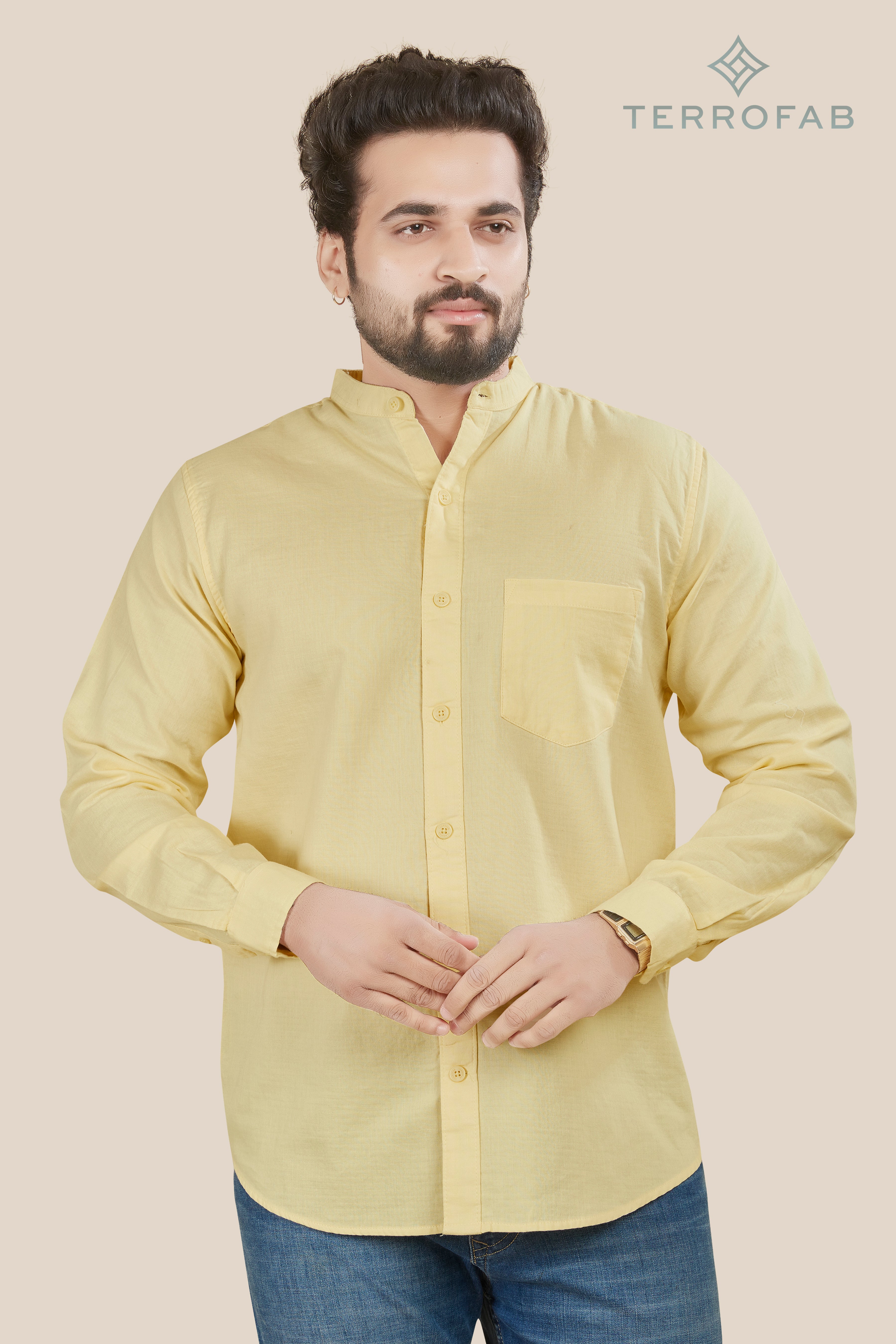 Men’s Pale Citron mandarin Collar Solid Shirt