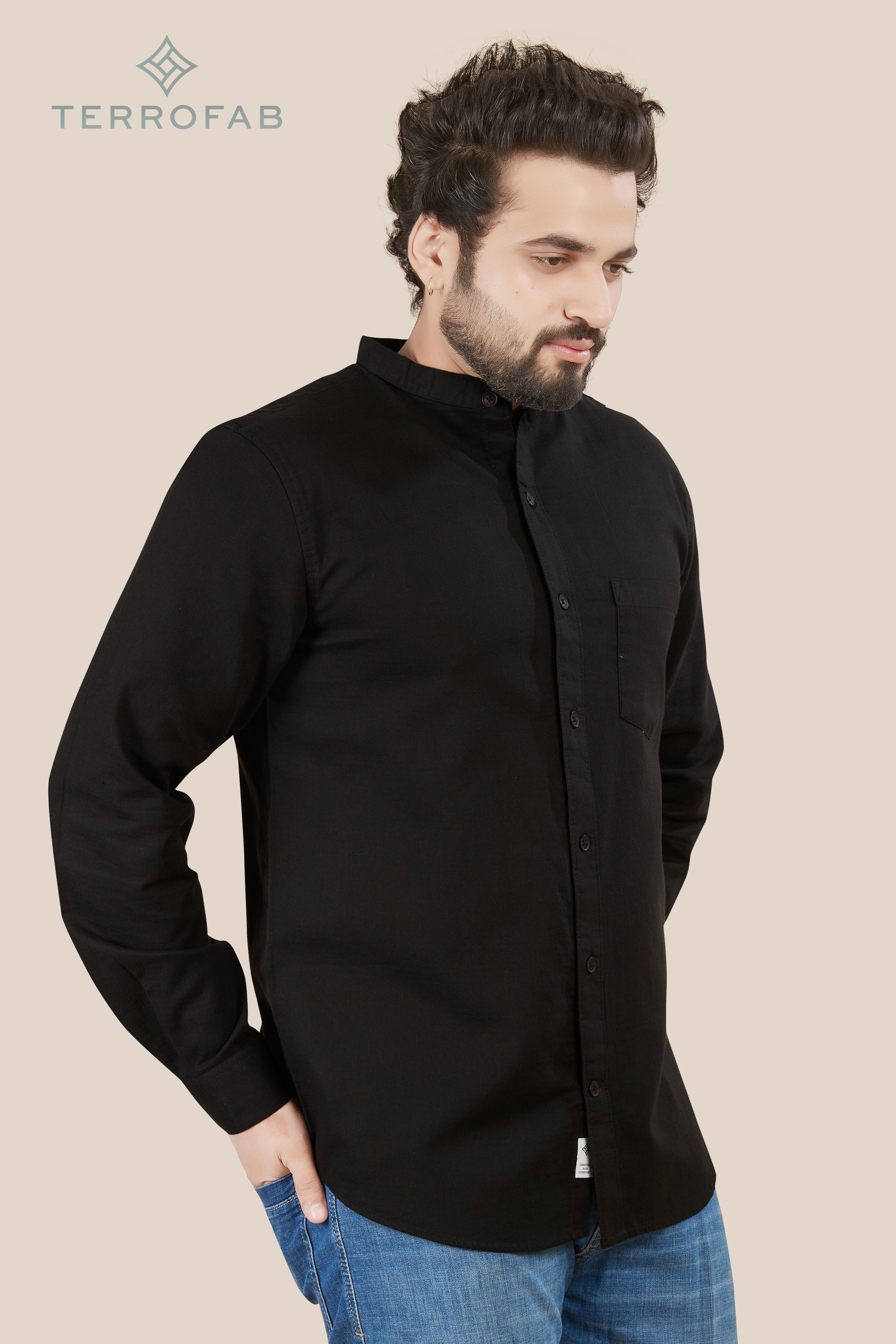 Men’s Onyx Black mandarin Collar Essential Shirt