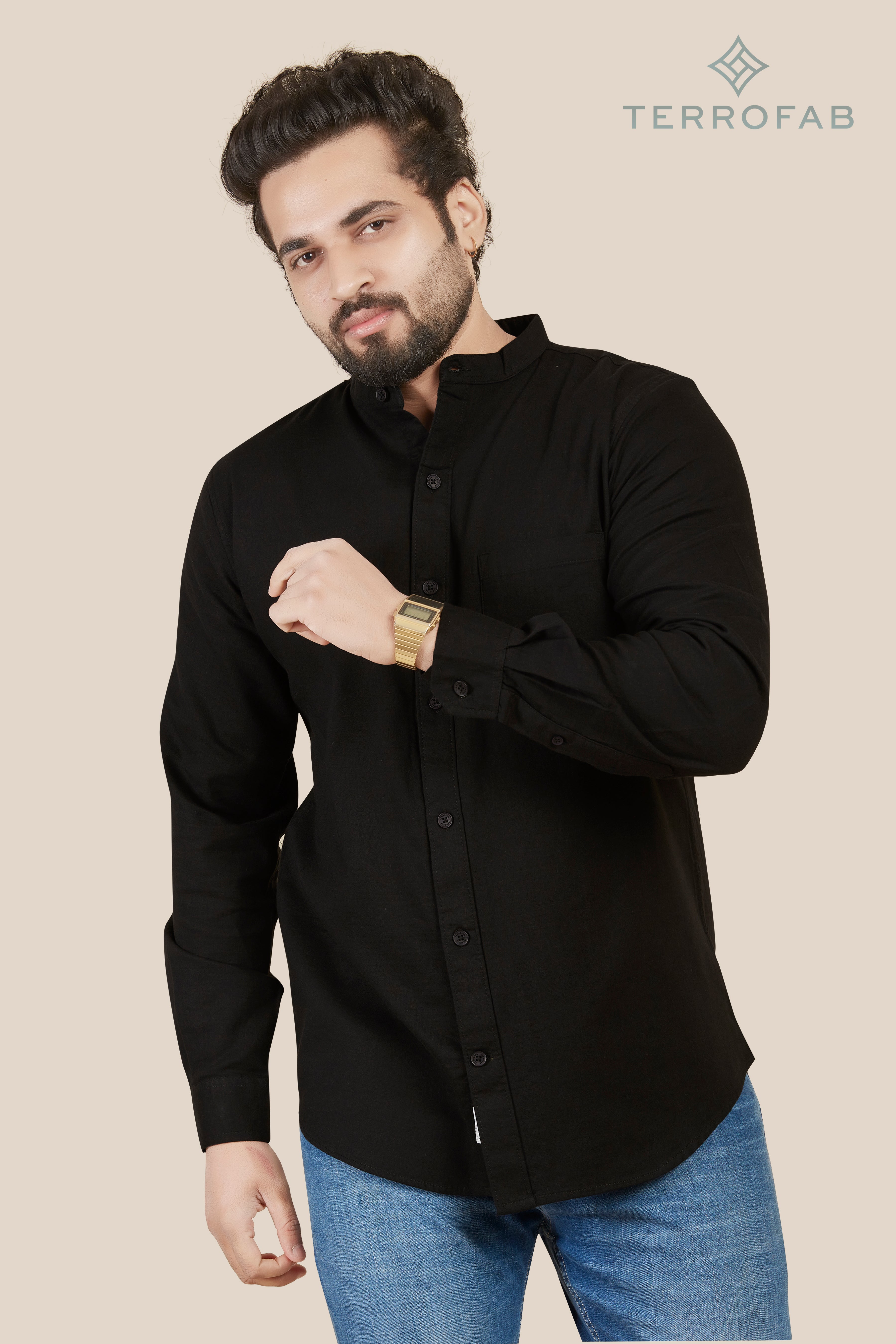 Men’s Onyx Black mandarin Collar Essential Shirt
