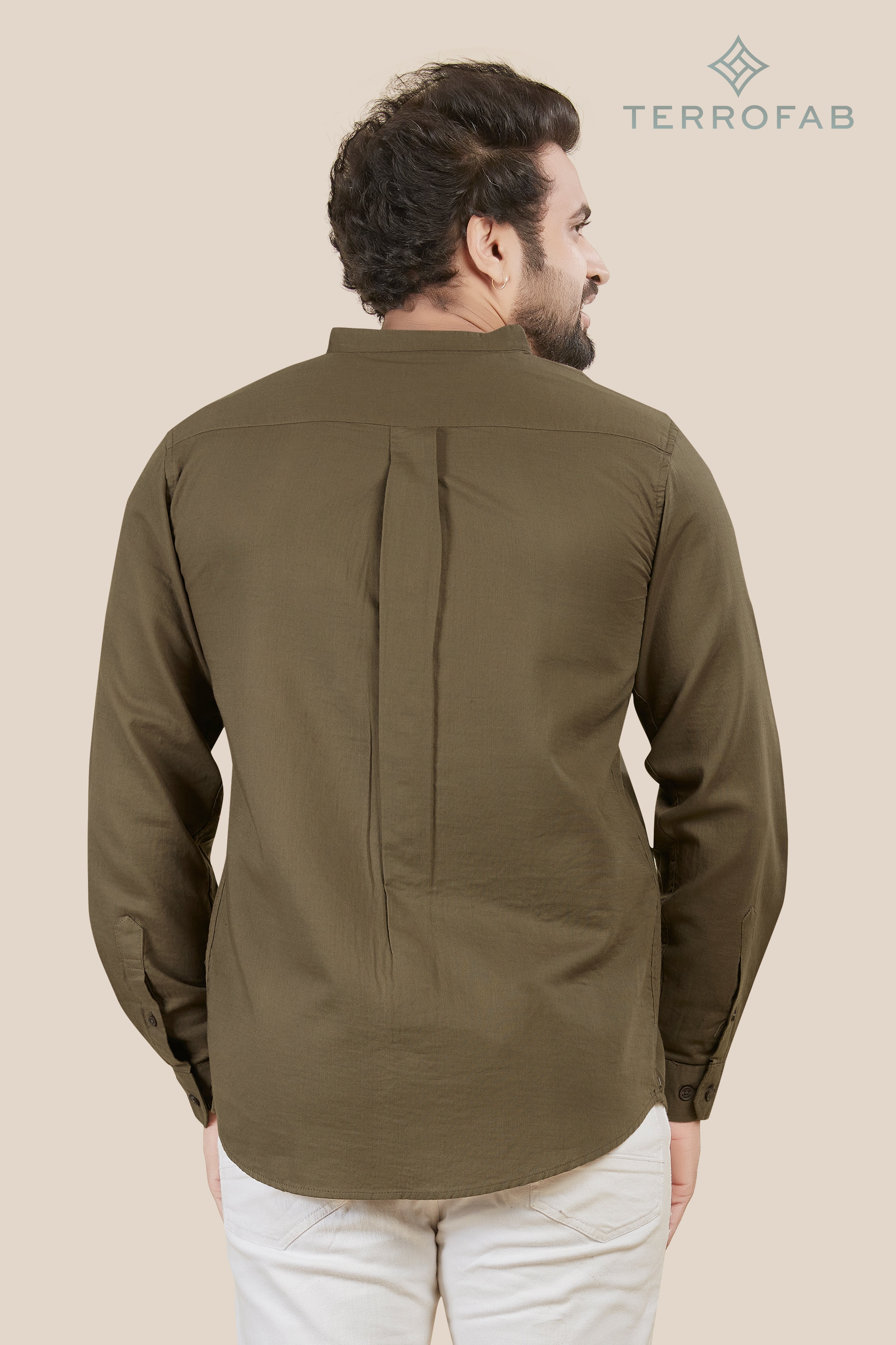 Men’s Dark Olive Moss mandarin Collar Cotton Shirt