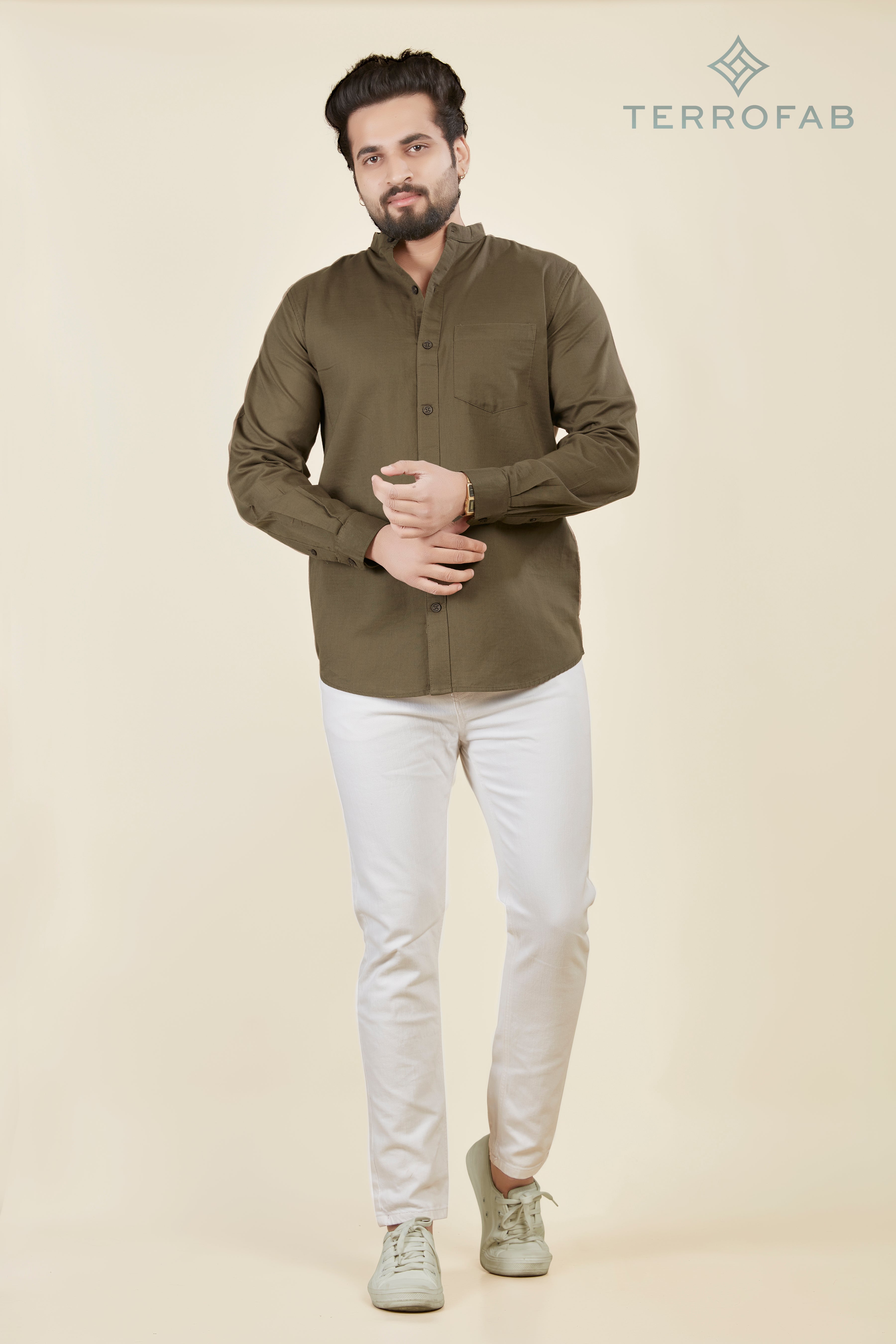 Men’s Dark Olive Moss mandarin Collar Cotton Shirt