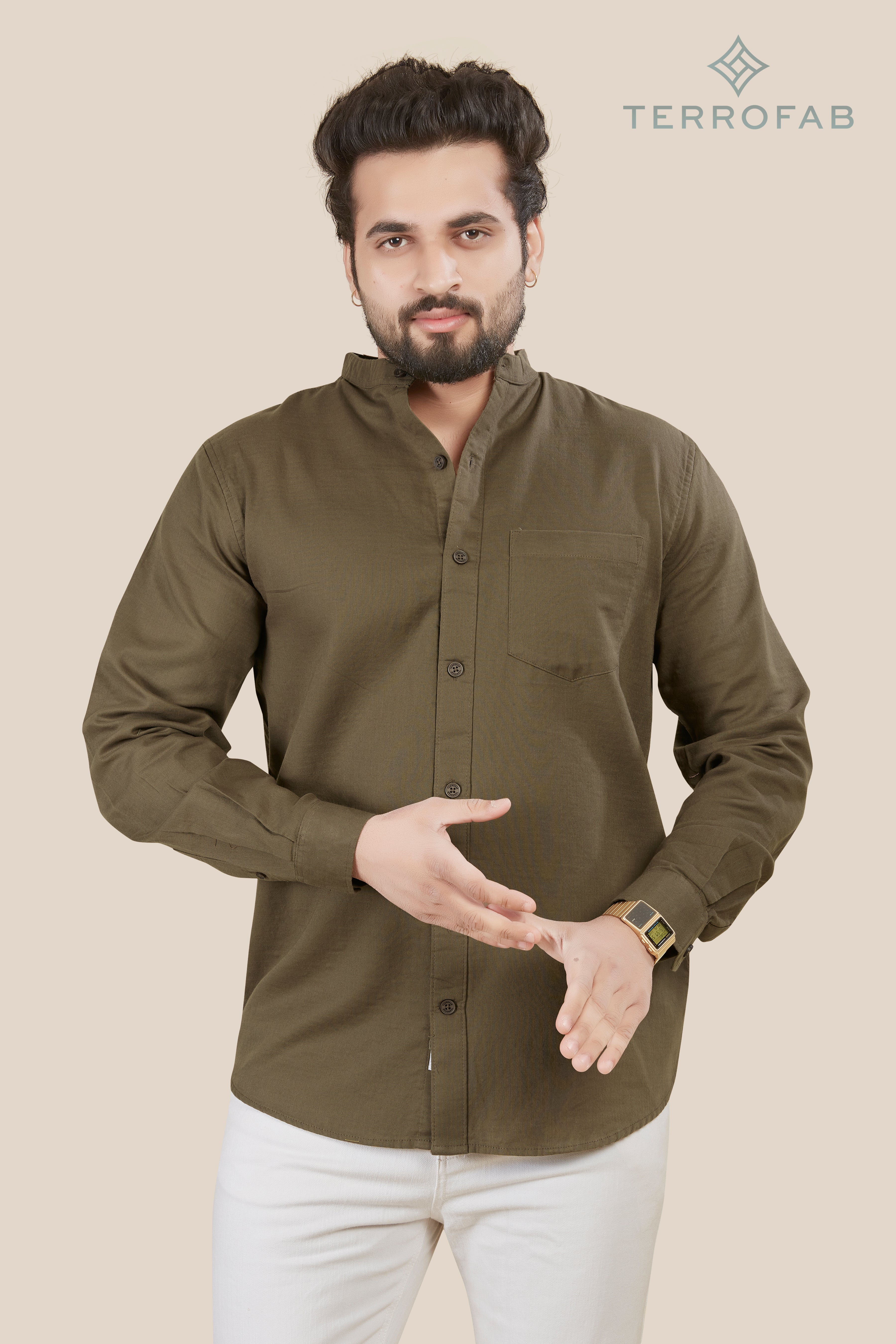 Men’s Dark Olive Moss mandarin Collar Cotton Shirt