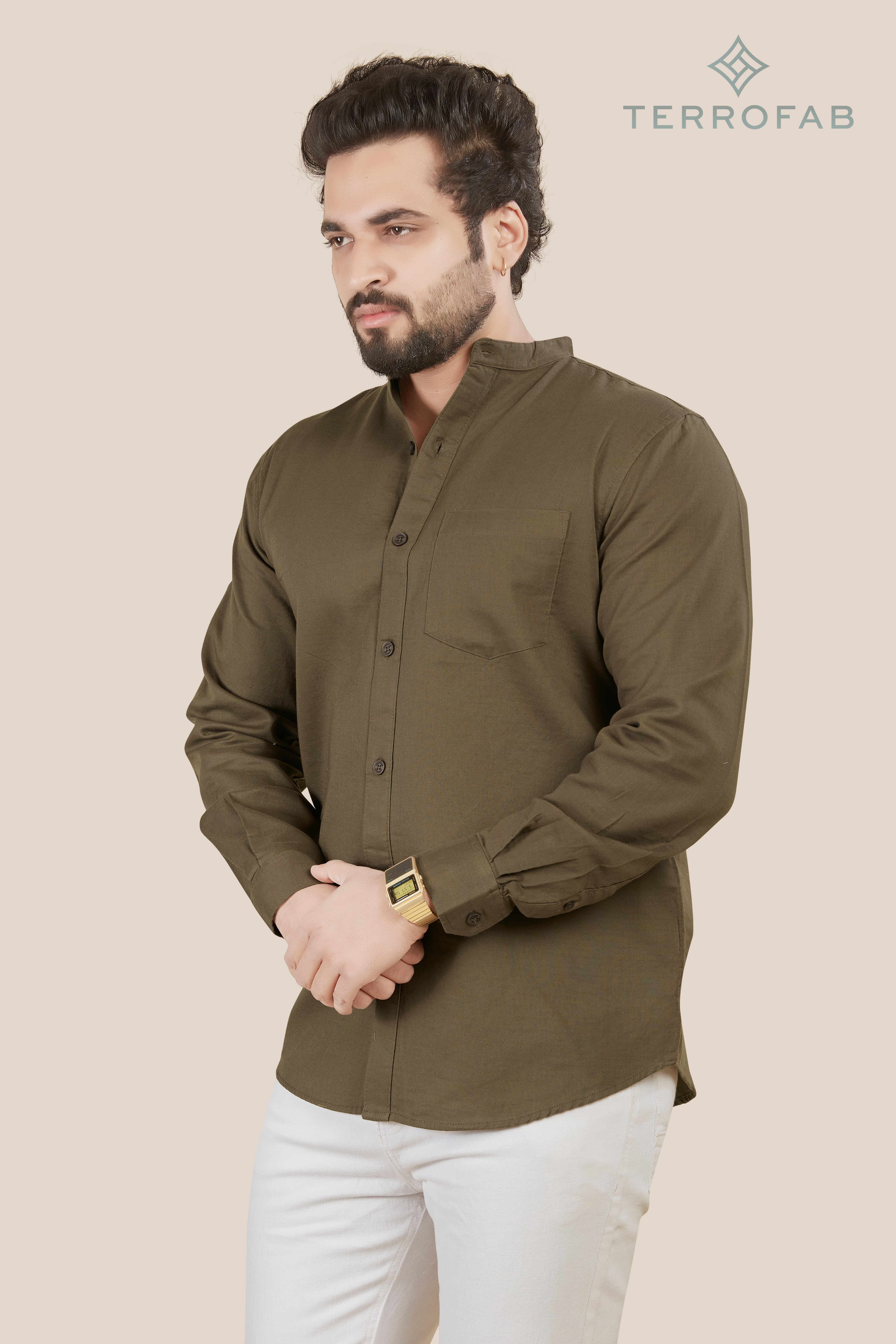 Men’s Dark Olive Moss mandarin Collar Cotton Shirt