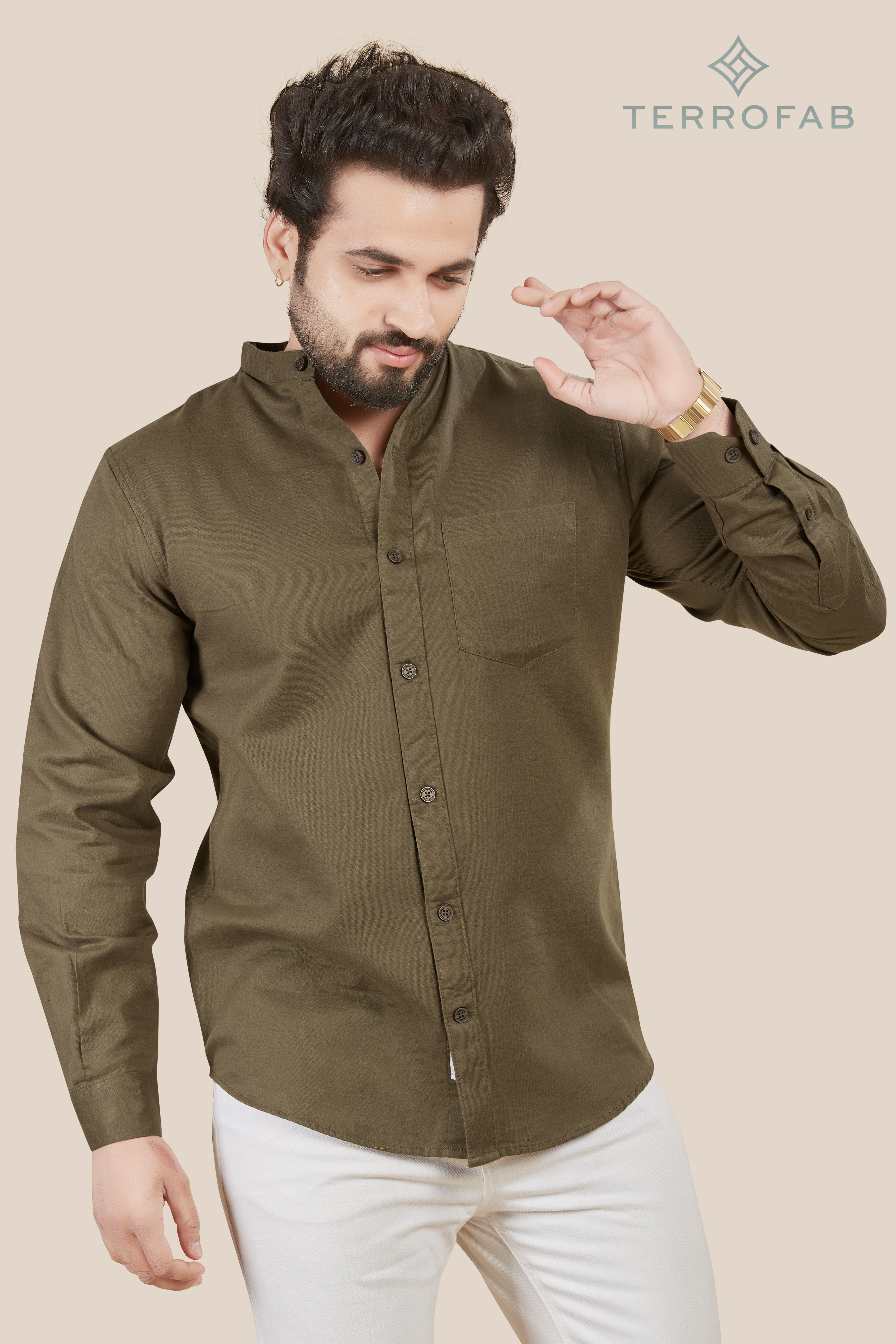 Men’s Dark Olive Moss mandarin Collar Cotton Shirt