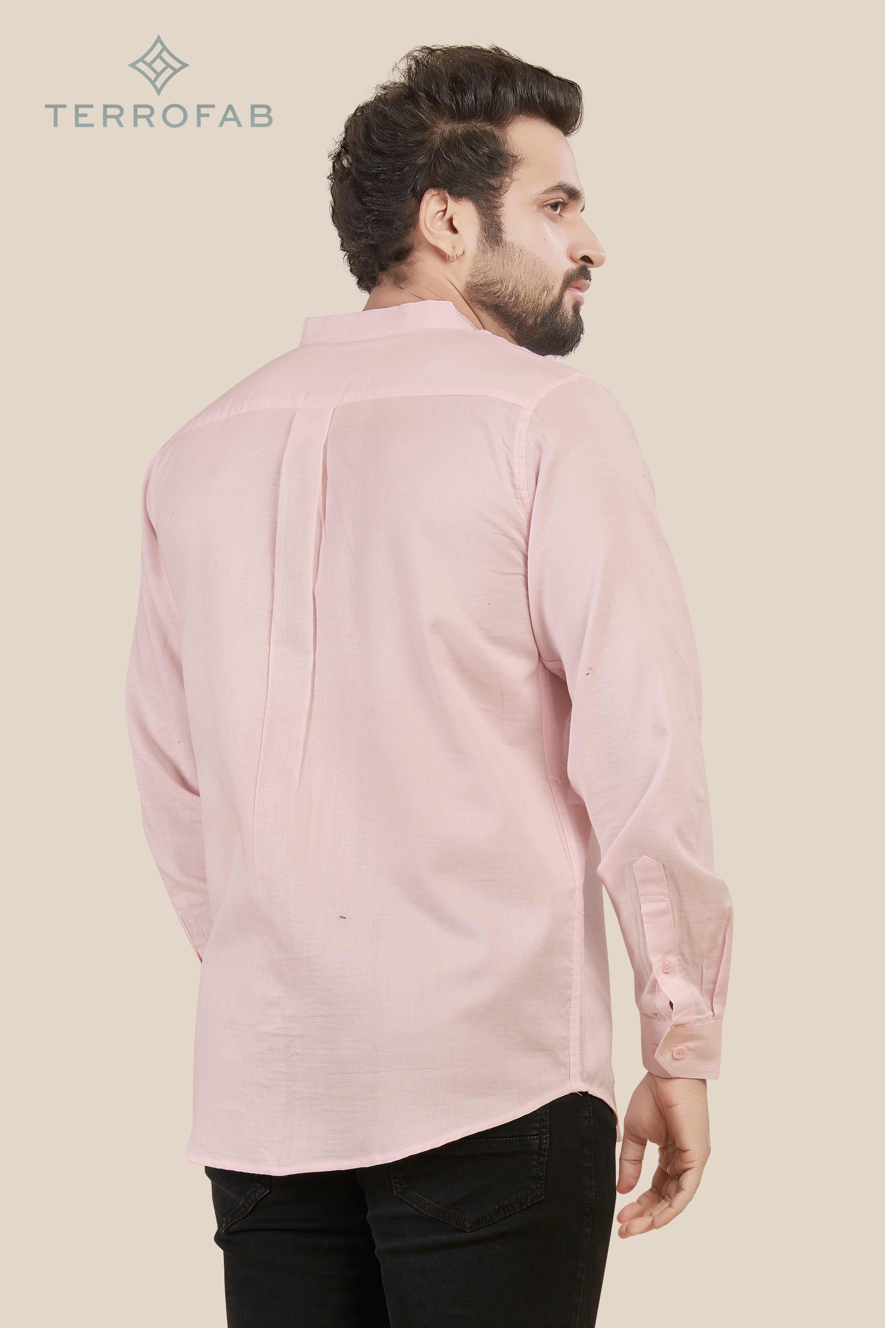 Men’s Soft Pink Mandarin Collar Textured Shirt