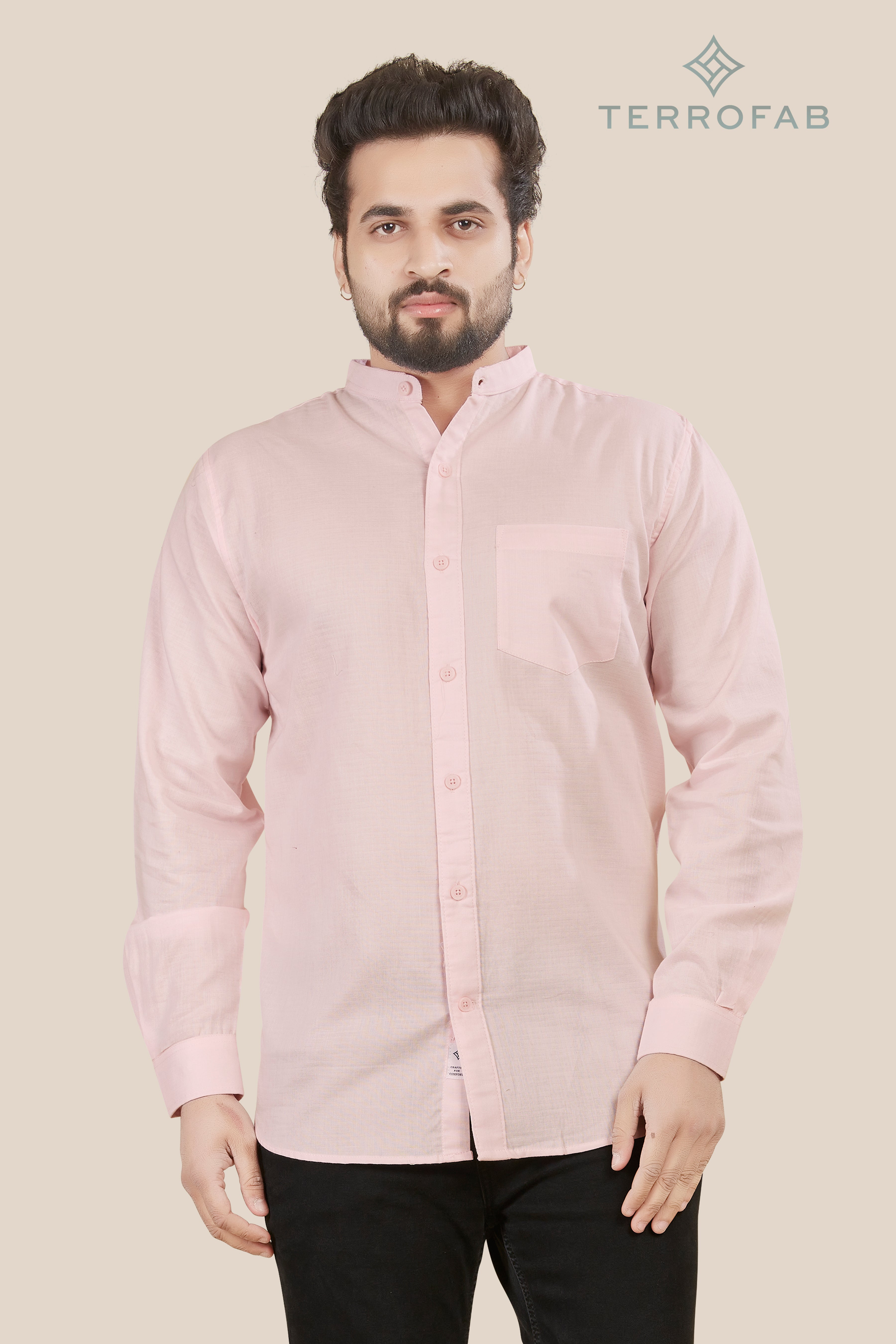 Men’s Soft Pink Mandarin Collar Textured Shirt