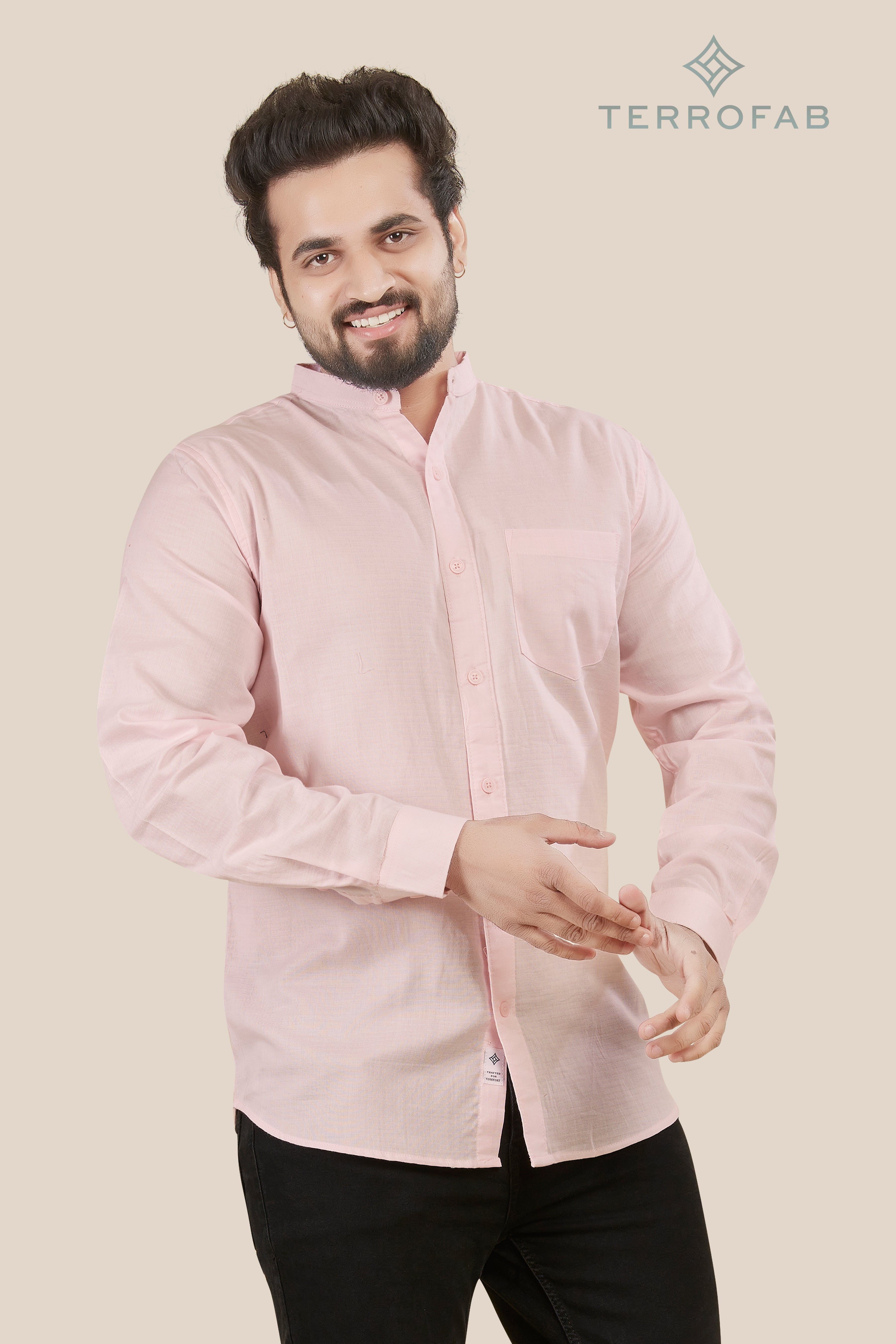 Men’s Soft Pink Mandarin Collar Textured Shirt