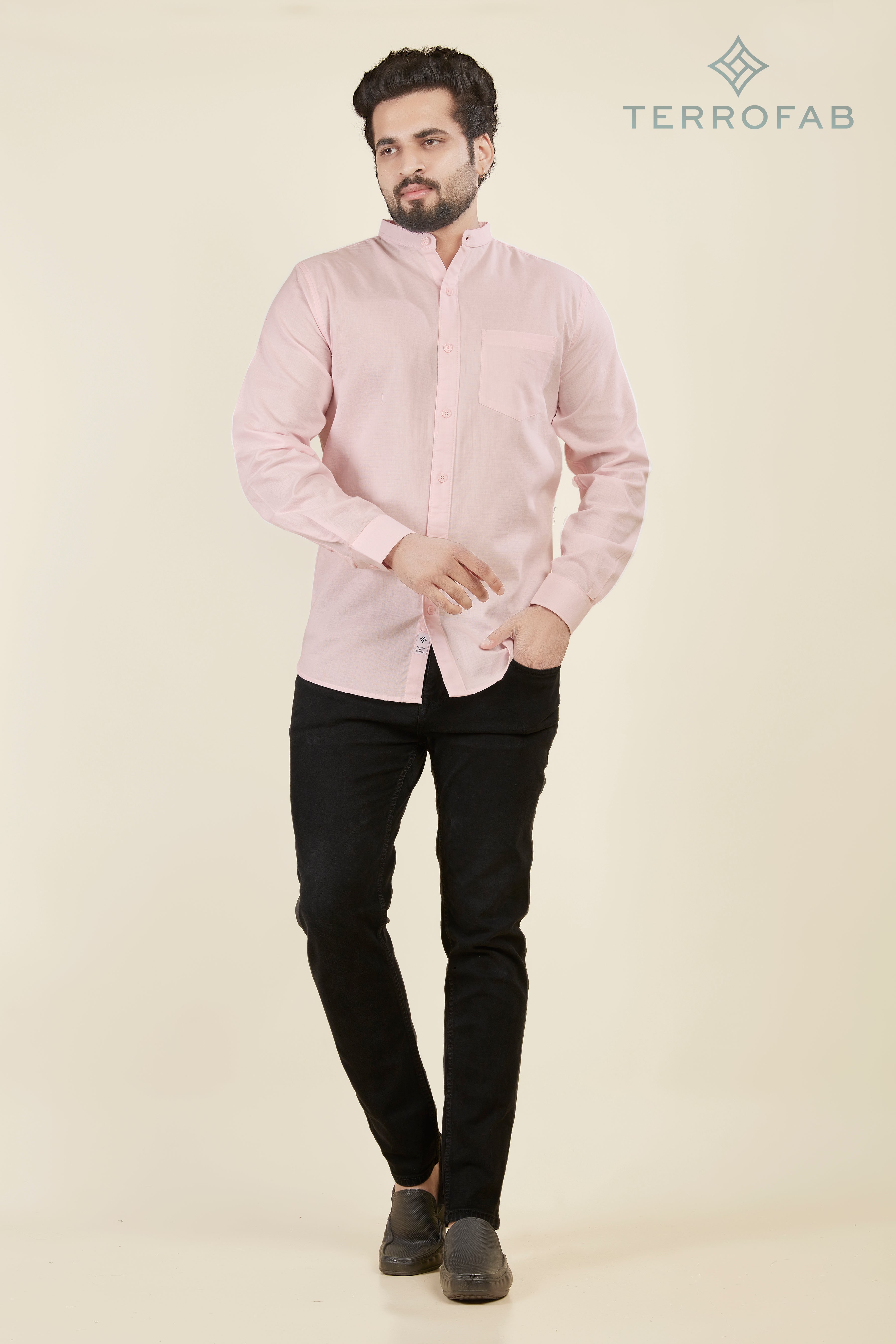 Men’s Soft Pink Mandarin Collar Textured Shirt
