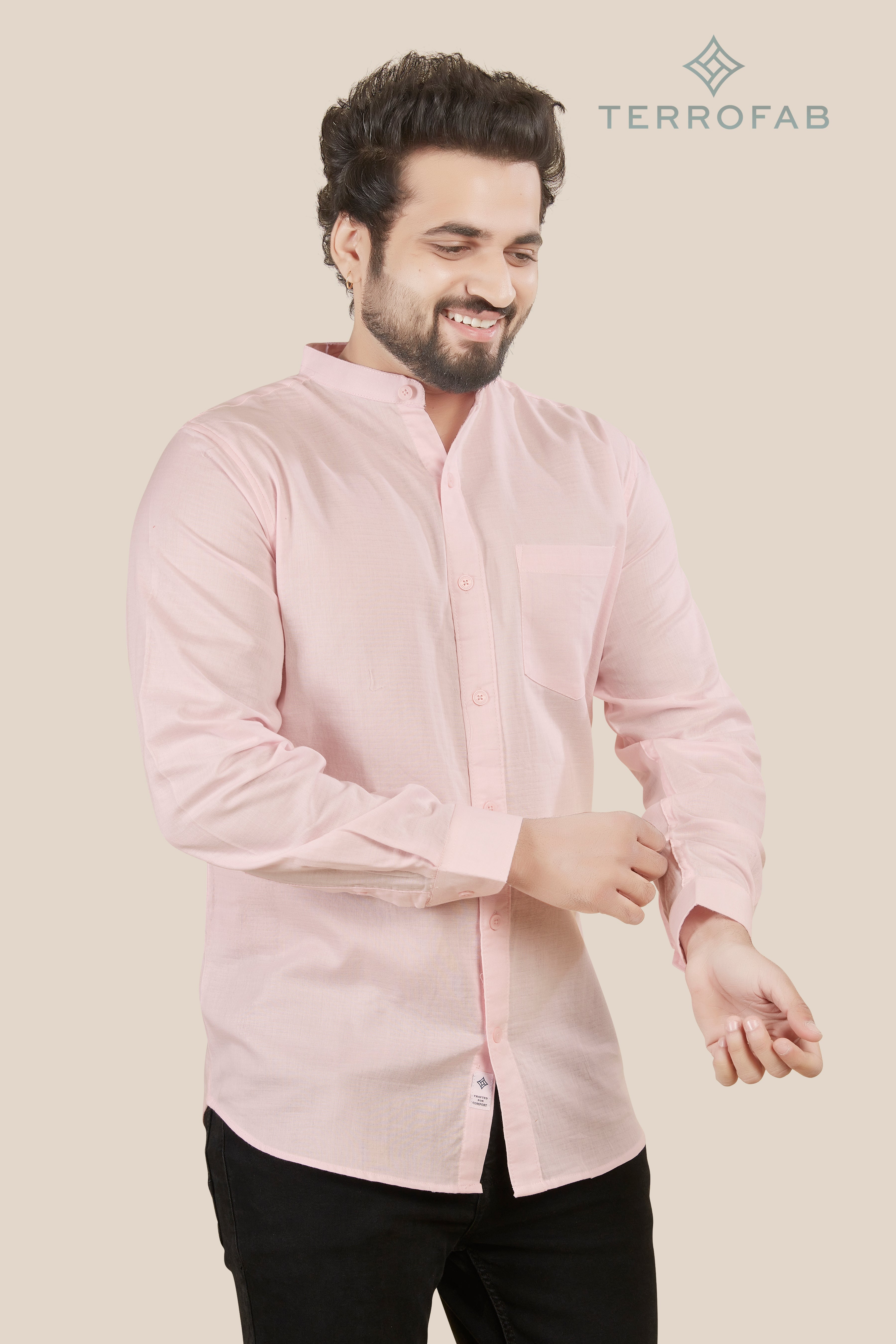 Men’s Soft Pink Mandarin Collar Textured Shirt