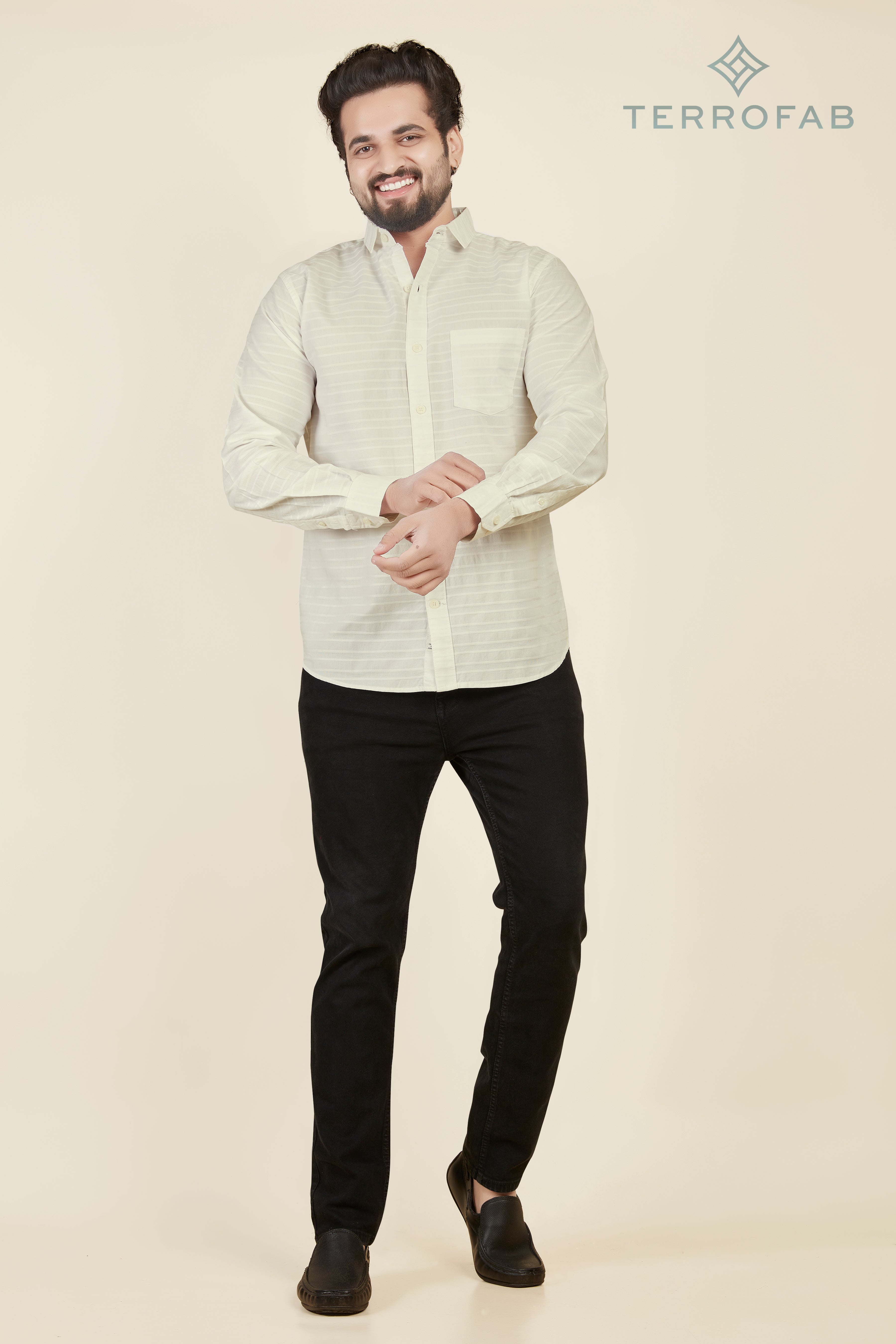 Men’s Pearl White Horizontal Rib-Textured Shirt