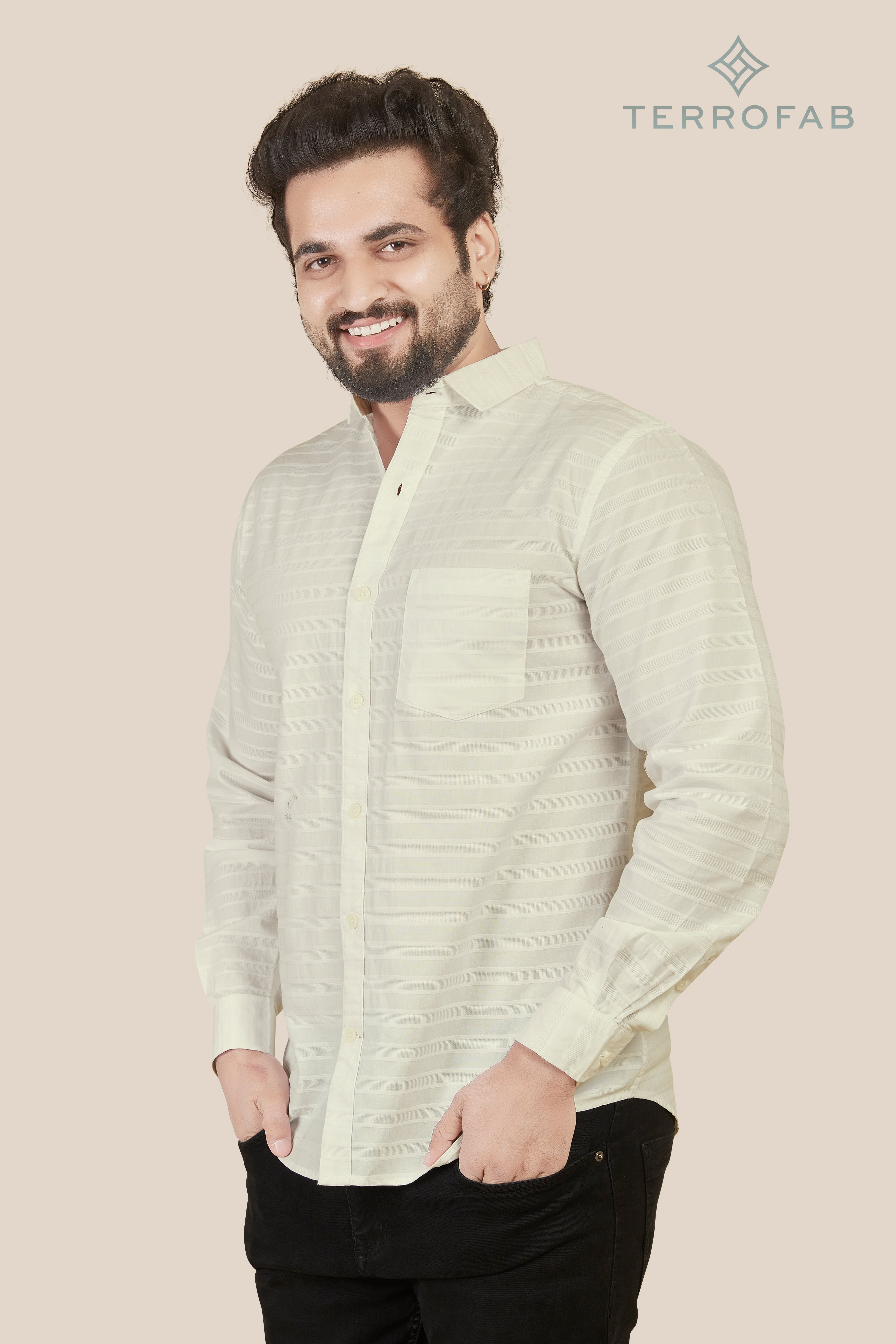 Men’s Pearl White Horizontal Rib-Textured Shirt