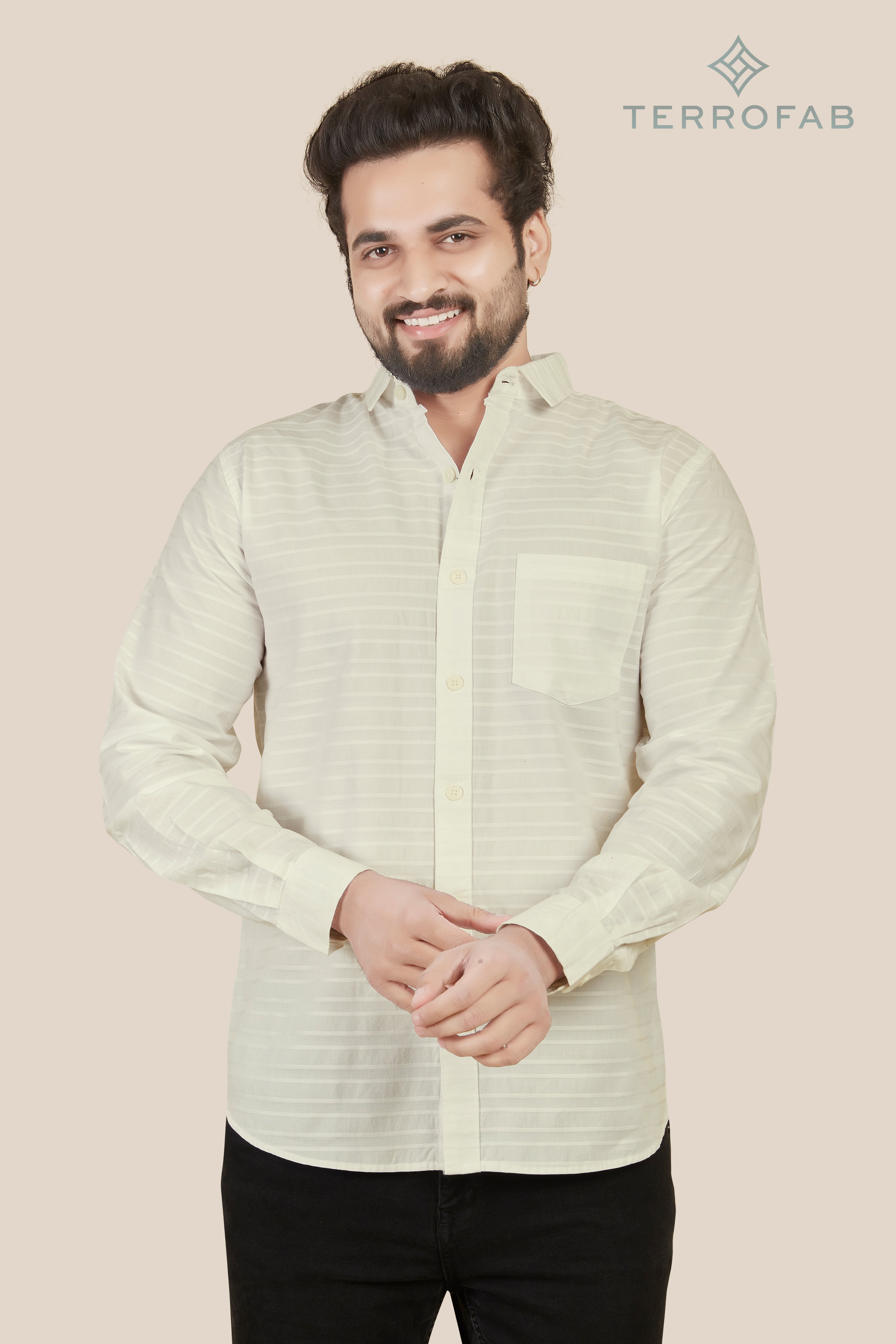 Men’s Pearl White Horizontal Rib-Textured Shirt