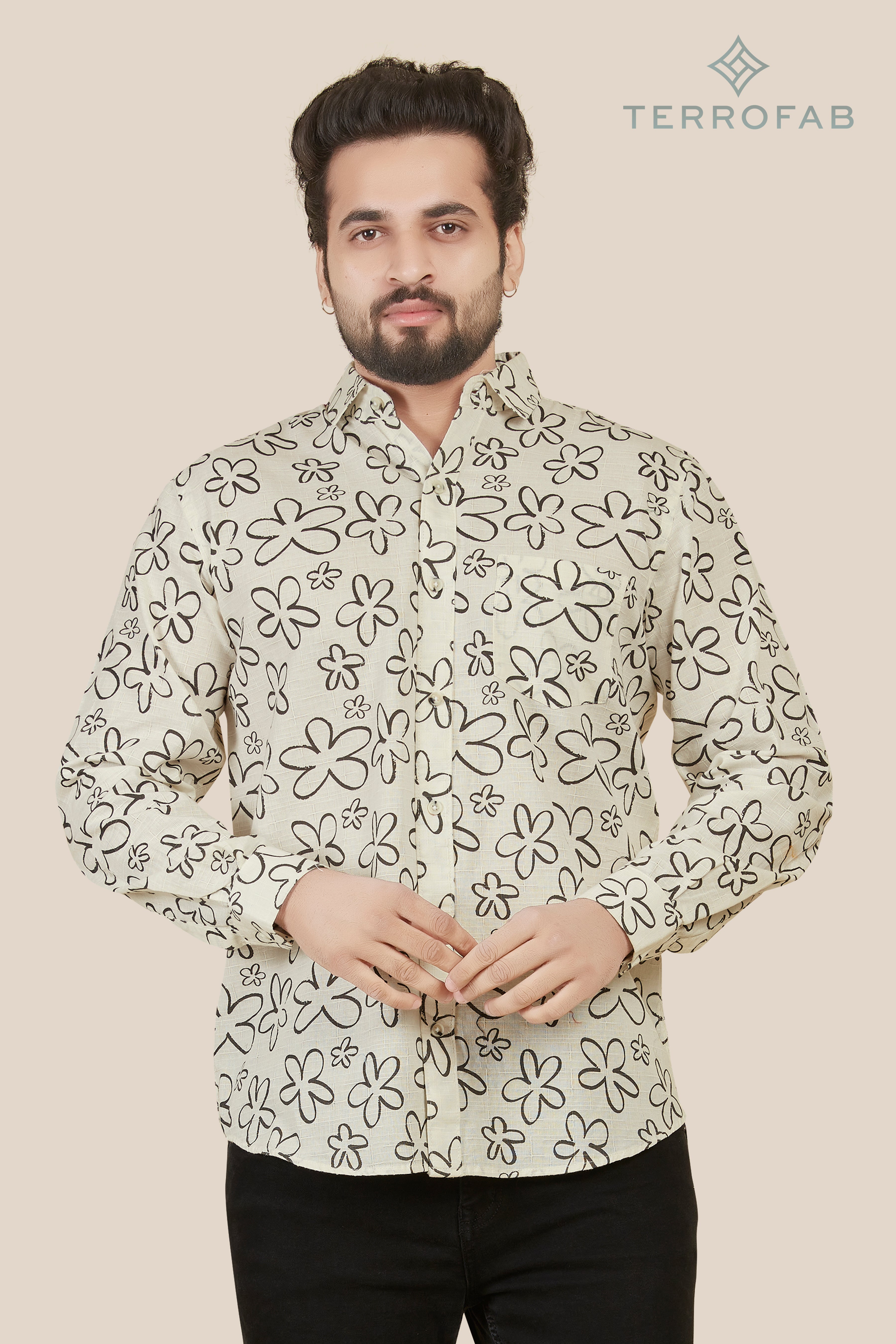Men’s Pale Cream Floral Sketch Premium Shirt