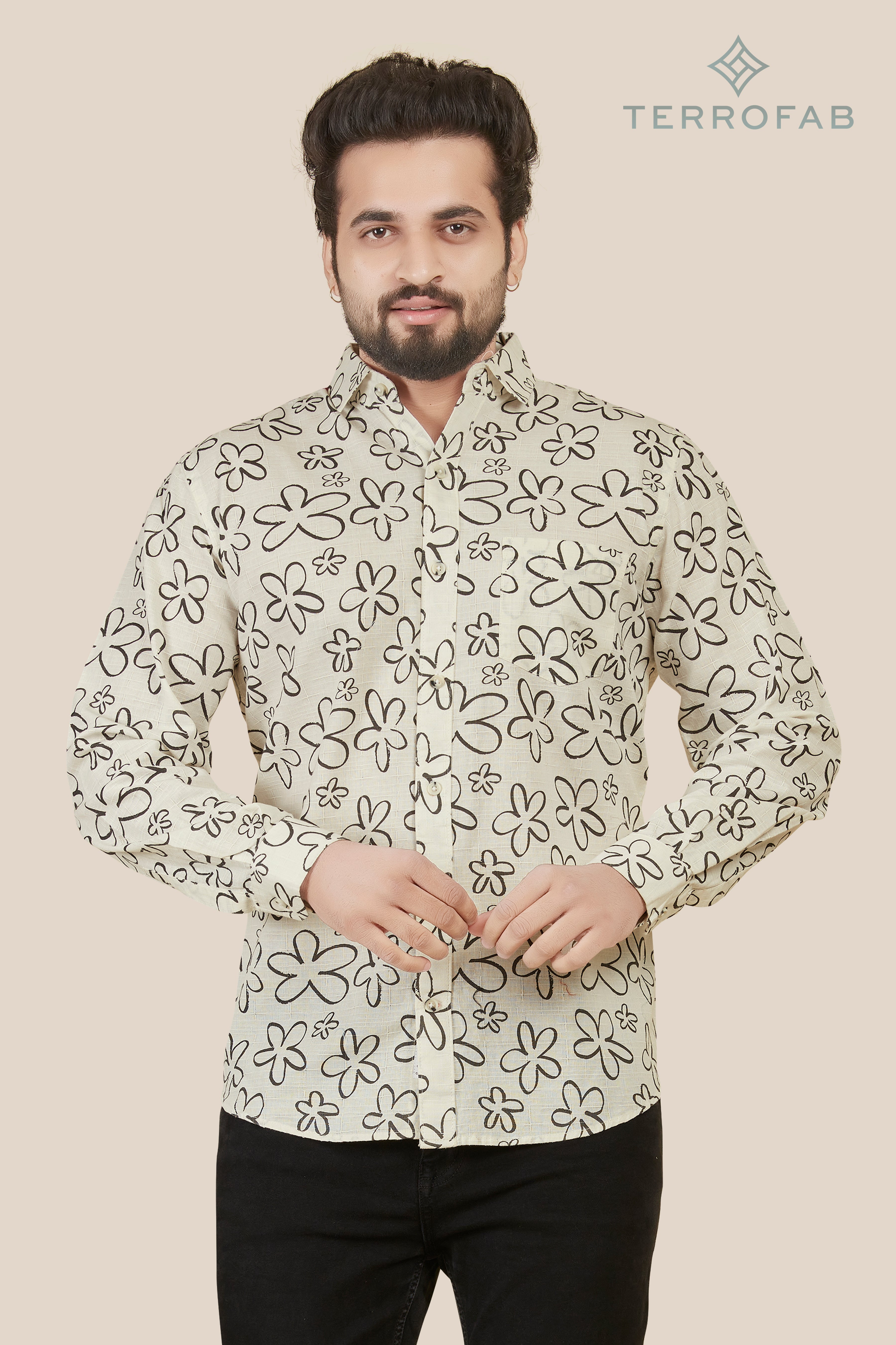 Men’s Pale Cream Floral Sketch Premium Shirt
