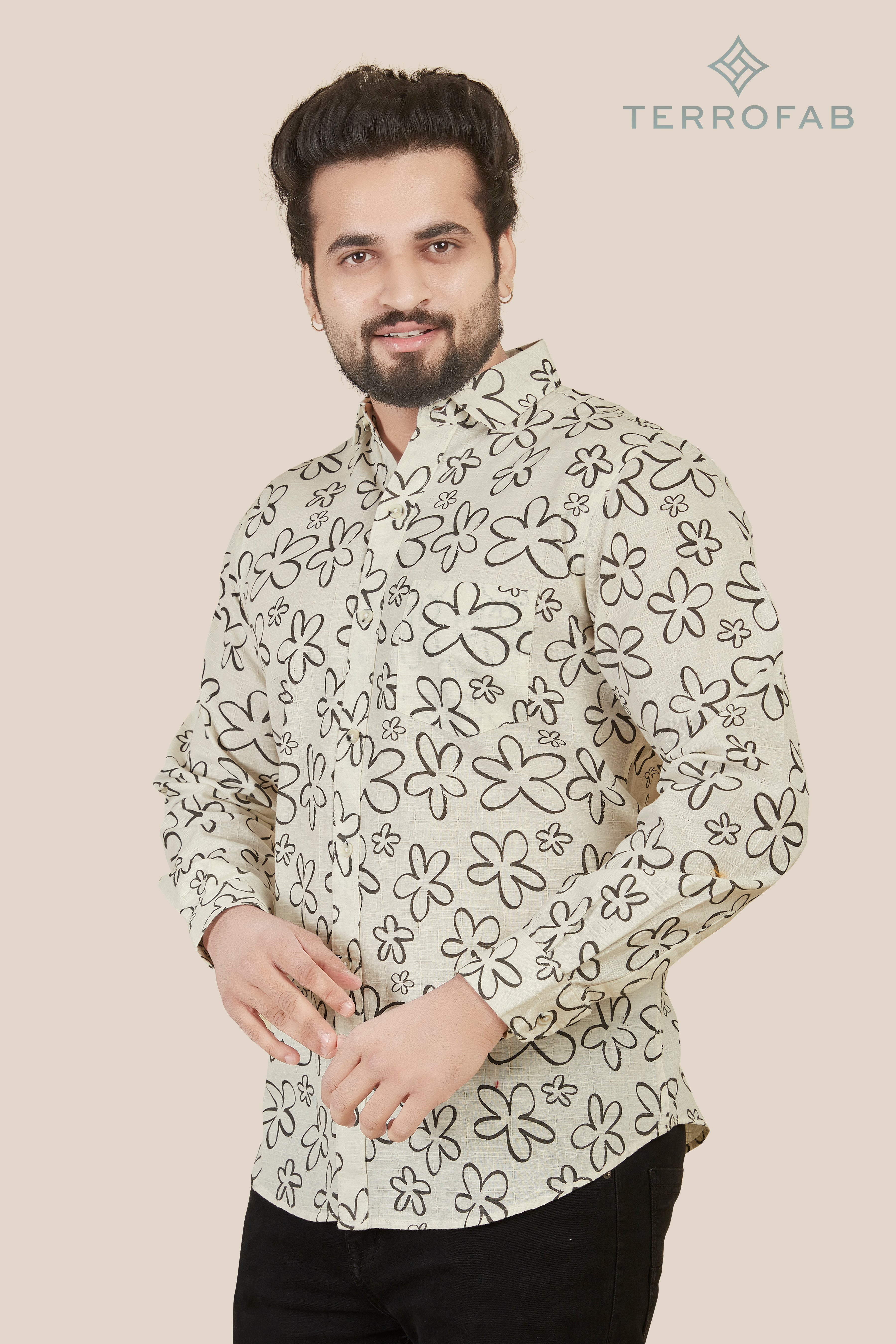 Men’s Pale Cream Floral Sketch Premium Shirt