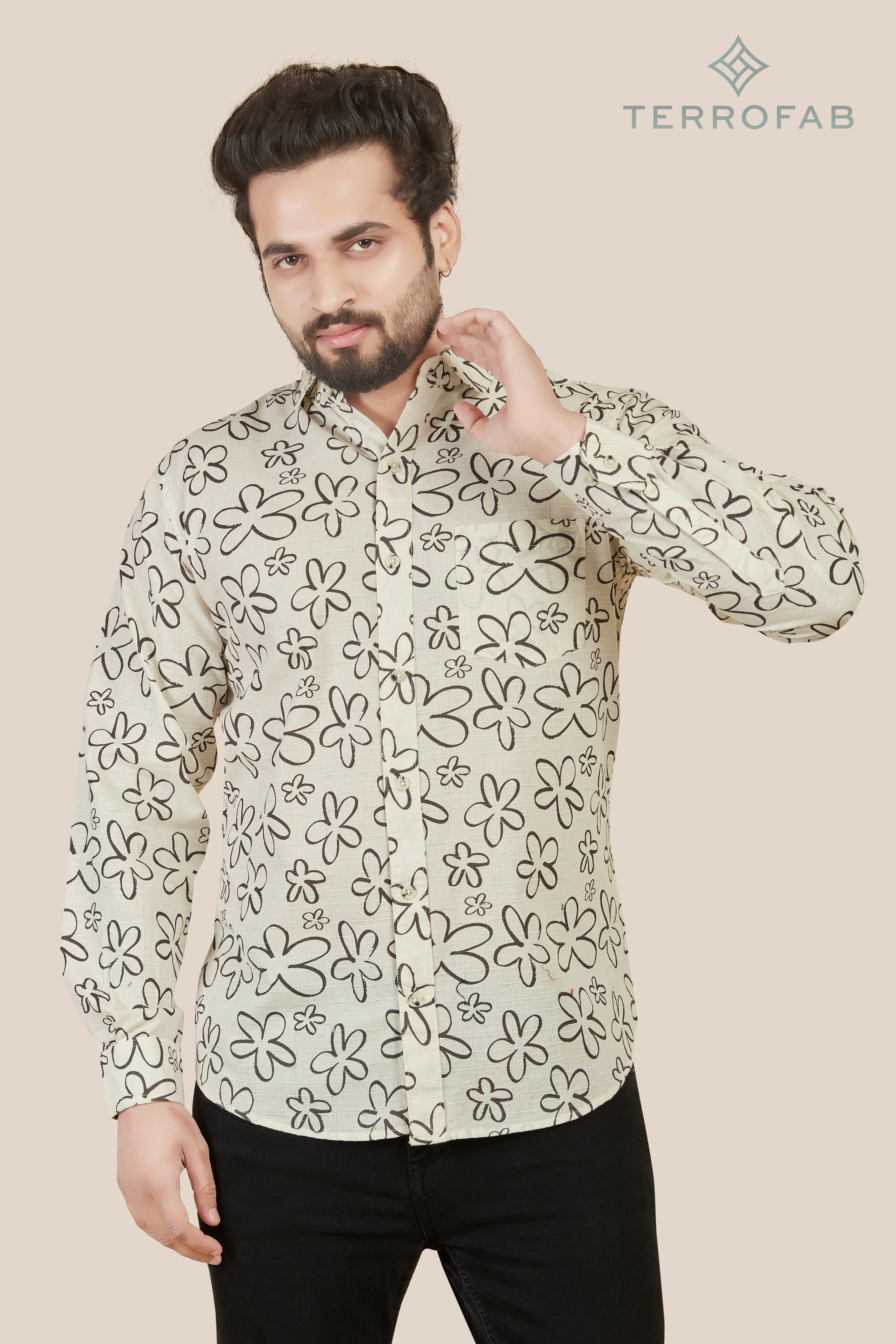 Men’s Pale Cream Floral Sketch Premium Shirt